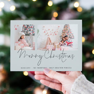 Carte Famille moderne 2 Photos Script Bleu Joyeux Noël