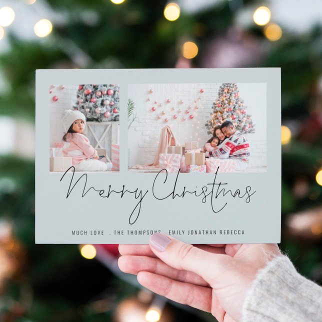 Carte Famille moderne 2 Photos Script Bleu Joyeux Noël (Créateur téléchargé)