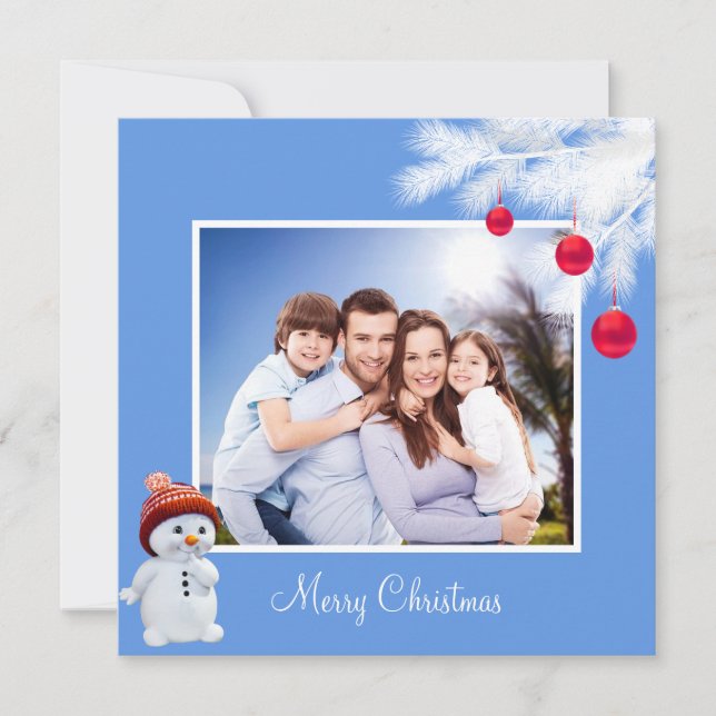Carte Famille personnalisée & Snowman sur Sky Blue Chris (Devant)