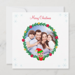 Carte Famille sur mesure, Pine Wreath & Cute Elf Christm