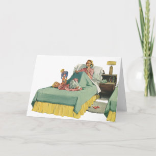 Carte Famille vintage servant le petit déjeuner à maman 
