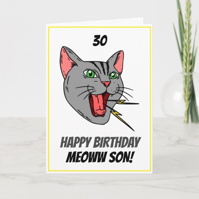 Carte Fantaisie Meowing Cat White 30th Son Birthday (Devant)