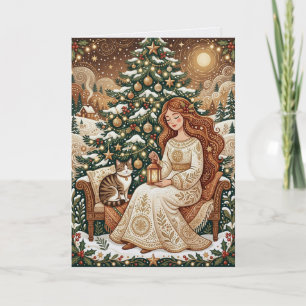 Carte fantaisiste de Noël avec chat et jeune fille