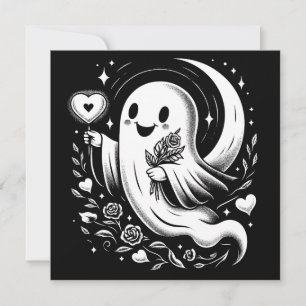 Carte Fantôme au coeur et Rose mignon Valentine Éffrayan