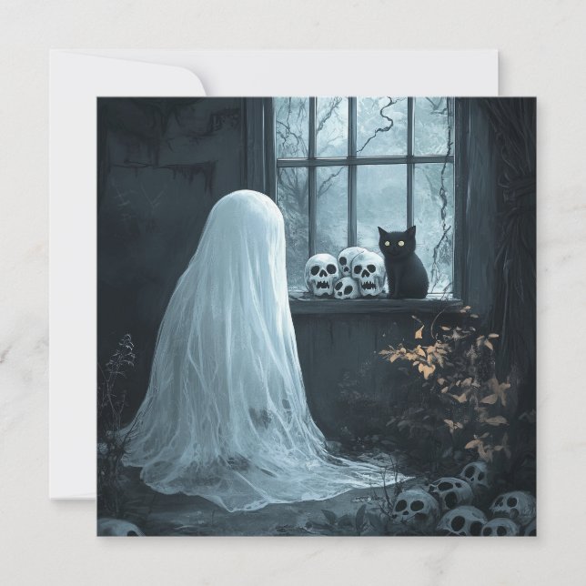 Carte Fantôme d'Halloween, chat et Skuls (Devant)