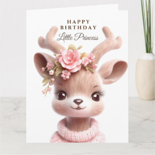 Carte Faon mignon, bébé cerf en robe rose avec des fleur