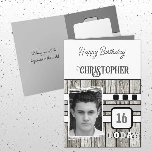 Carte Faux bois rustique 16ème photo gris anniversaire