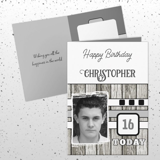 Carte Faux bois rustique 16ème photo gris anniversaire (Créateur téléchargé)