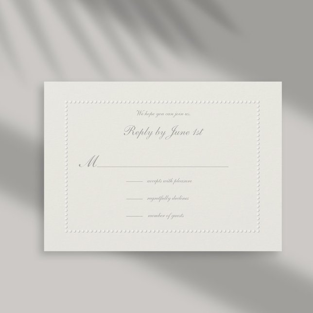 Carte Faux Embossé Écru perlé Réponse officielle du Mari (formal wedding reply card rsvp response faux embossed beaded frame ecru linen classic traditional)