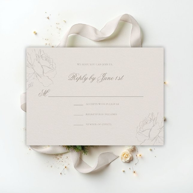 Carte Faux Embossed Roses Ecru Classic Wedding Response (ethereal wedding theme ecru rsvp reply formal traditional modern classic floral roses elevated)