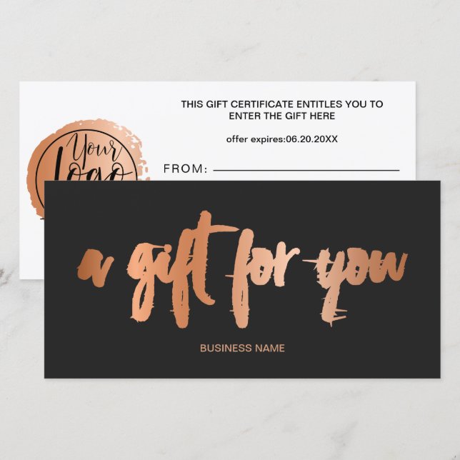 Carte Faux rose feuille d'or gris logo certificat cadeau (Devant / Derrière)
