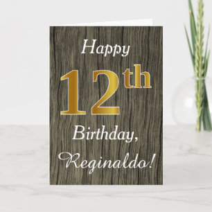 Carte Faux Wood, Faux Gold 12e anniversaire + Nom person