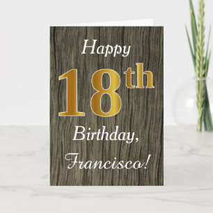 Carte Faux Wood, Faux Gold 18e anniversaire + Nom person