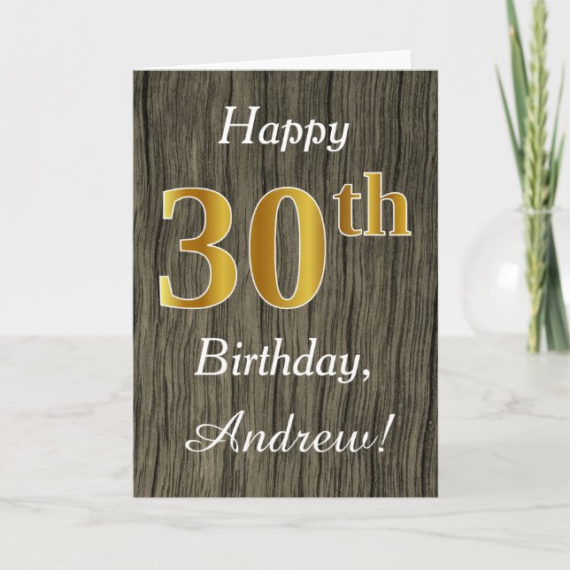 Carte Faux Wood, Faux Gold 30e anniversaire + Nom person (Devant)