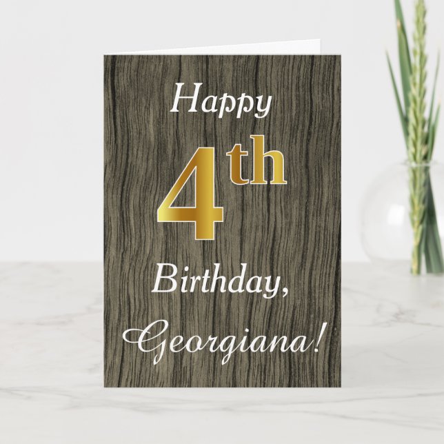 Carte Faux Wood, Faux Gold 4e anniversaire + Nom personn (Devant)