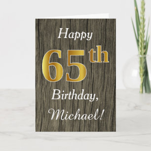 Carte Faux Wood, Faux Gold 65e anniversaire + Nom person