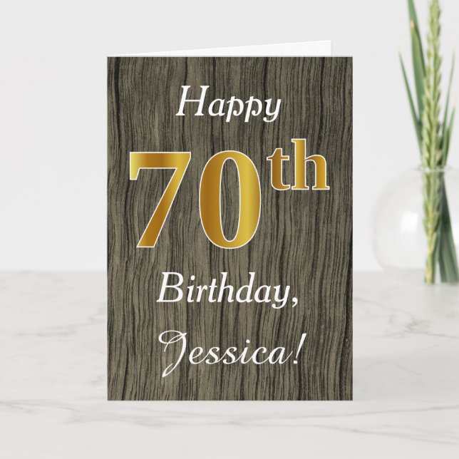 Carte Faux Wood, Faux Gold 70e anniversaire + Nom person (Devant)