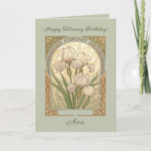 Carte February Birthday Iris Flowers Art Nouveau Style (Devant)