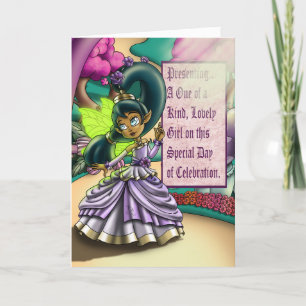 Carte Fée afro-américaine et fleurs pourpres Anniversair