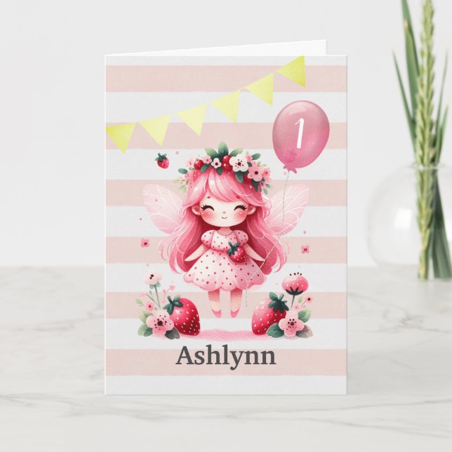 Carte Fée aux fraises roses 1er anniversaire (Devant)