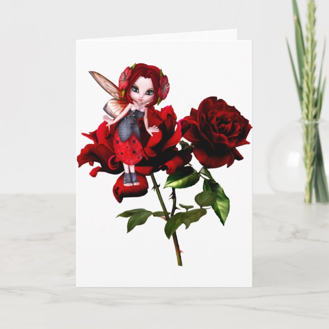 Carte Fée de coccinelle sur les roses rouges (Devant)