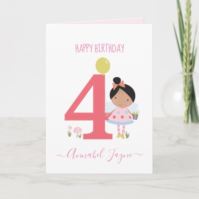 Carte Fée du quatrième anniversaire, filles mignonnes pe (Devant)
