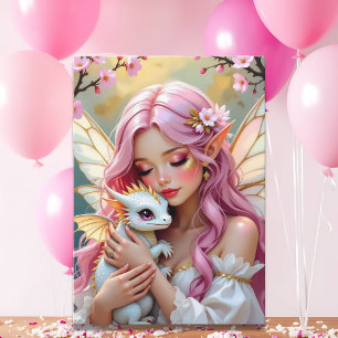 Carte Fée elfe rose et dragon blanc Joyeux anniversair