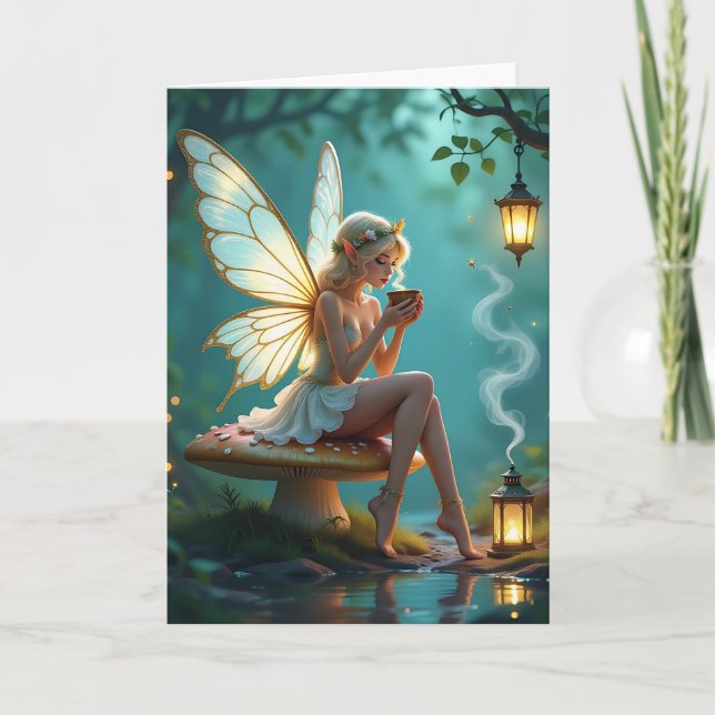 Carte Fée et café à thème Anniversaire pour elle (Devant)