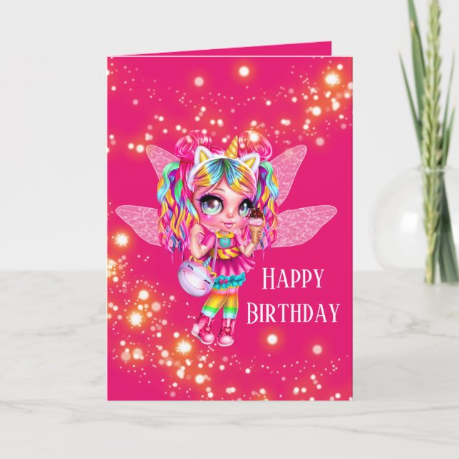 Carte Fée fille arc-en-ciel animé magique fête (Devant)