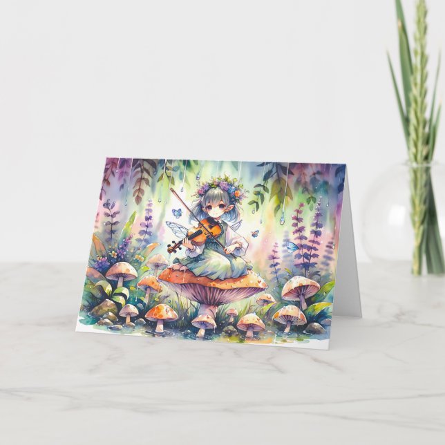 Carte Fée Jouer de la Viola sur un champignon Anniversai (Devant)
