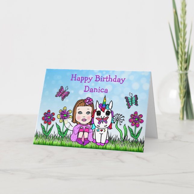 Carte Fée personnalisée et licorne Joyeux anniversaire (Devant)