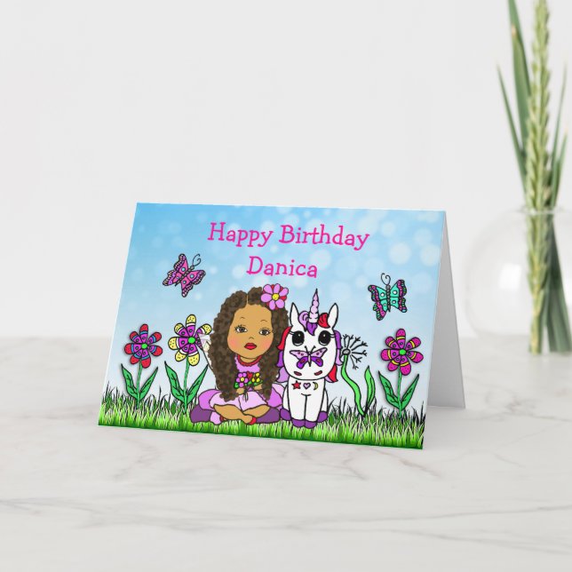 Carte Fée personnalisée et licorne Joyeux anniversaire (Devant)