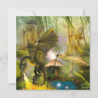 Carte Fée sur champignon et dragon Imaginaire
