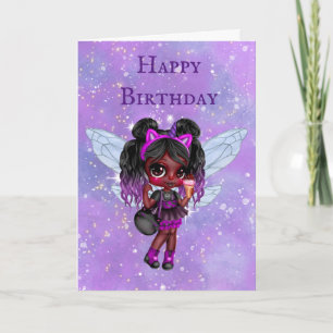 Carte Fée violette Fille Africaine Américaine mignonne a