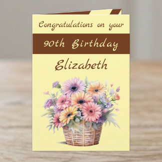 Carte Félicitations 90e anniversaire floral marron jaune