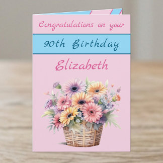 Carte Félicitations 90e anniversaire floral rose bleu