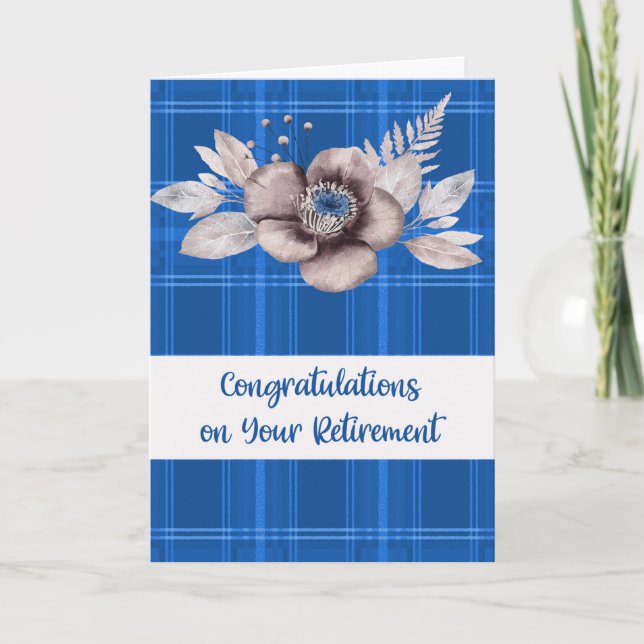 Carte Félicitations à la retraite Blue Plaid & Flowers (Devant)