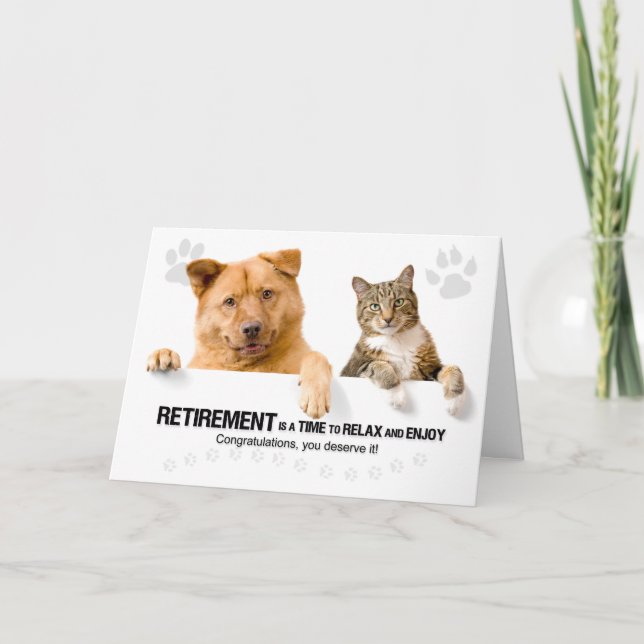Carte Félicitations à la retraite vétérinaire Chat et ch (Devant)