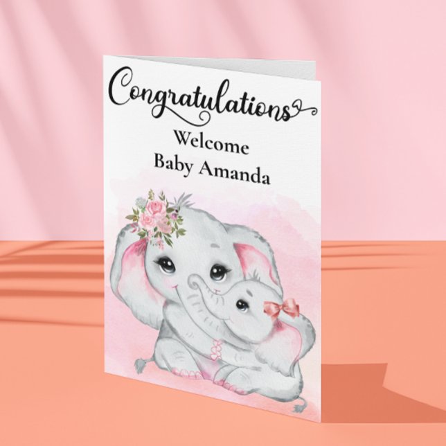 Carte Félicitations à Mère Bébé Eléphant Rose Cute (Créateur téléchargé)