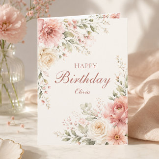 Carte Félicitations Anniversaire Nom Fleur Rose Élégant
