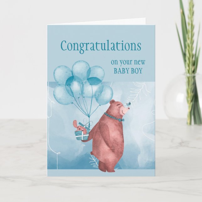 Carte Félicitations Baby BOY FunTeddy Bear Balloon (Devant)