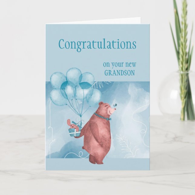 Carte Félicitations Baby BOY FunTeddy Bear Balloon Car (Devant)