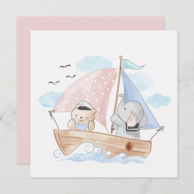 CARTE FÉLICITATIONS : BATEAU AVEC ÉLÉPHANT ET BÉBÉ (Devant / Derrière)