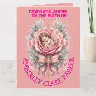 Carte Félicitations Bébé Fée fille Rose Rose Naissance 