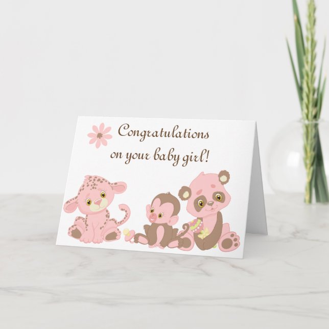 Carte Félicitations Bébé Fille Nouveaux Animaux Note Ros (Devant)