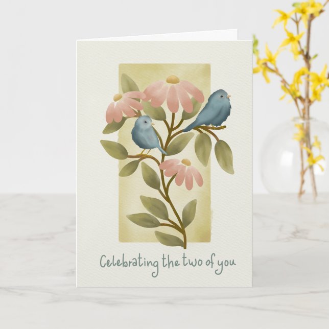 Carte Félicitations de fiançailles Aquarelle Oiseaux ble (Fleur jaune)