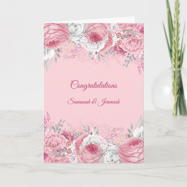 Carte Félicitations de mariage florales rose argenté chi (Devant)
