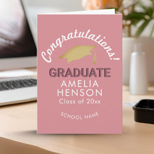 Carte Félicitations en rose diplômé chapeau de remise de