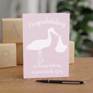 Carte Félicitations Girl Baby Modern Pink Stork Card