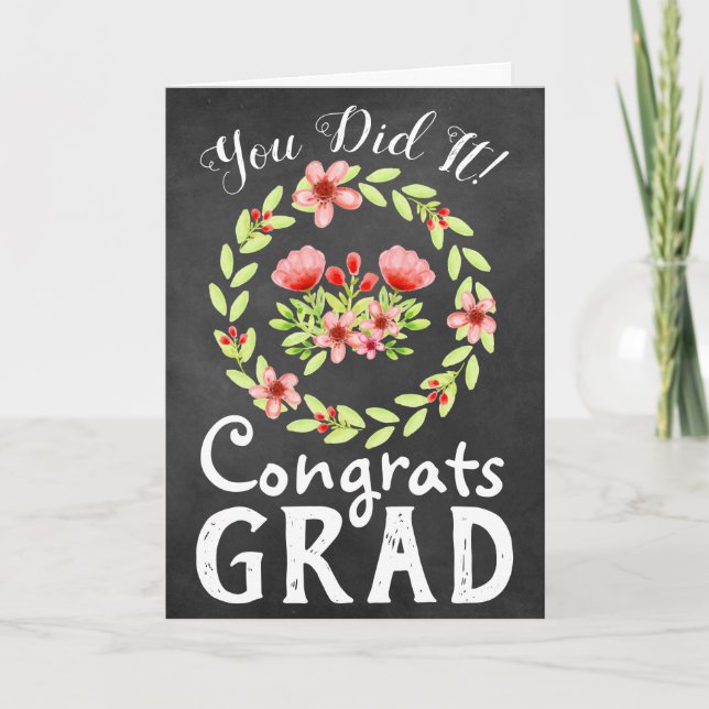 Carte Félicitations Grad Rustic Chalkboard et Fleurs (Devant)